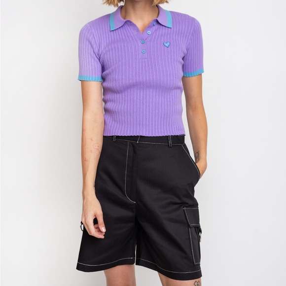 Lazy Oaf Sz US 2/XS Tiny Heart Polo Ribbed Knit Stretch Cotton Purple Cropped - Picture 1 of 10